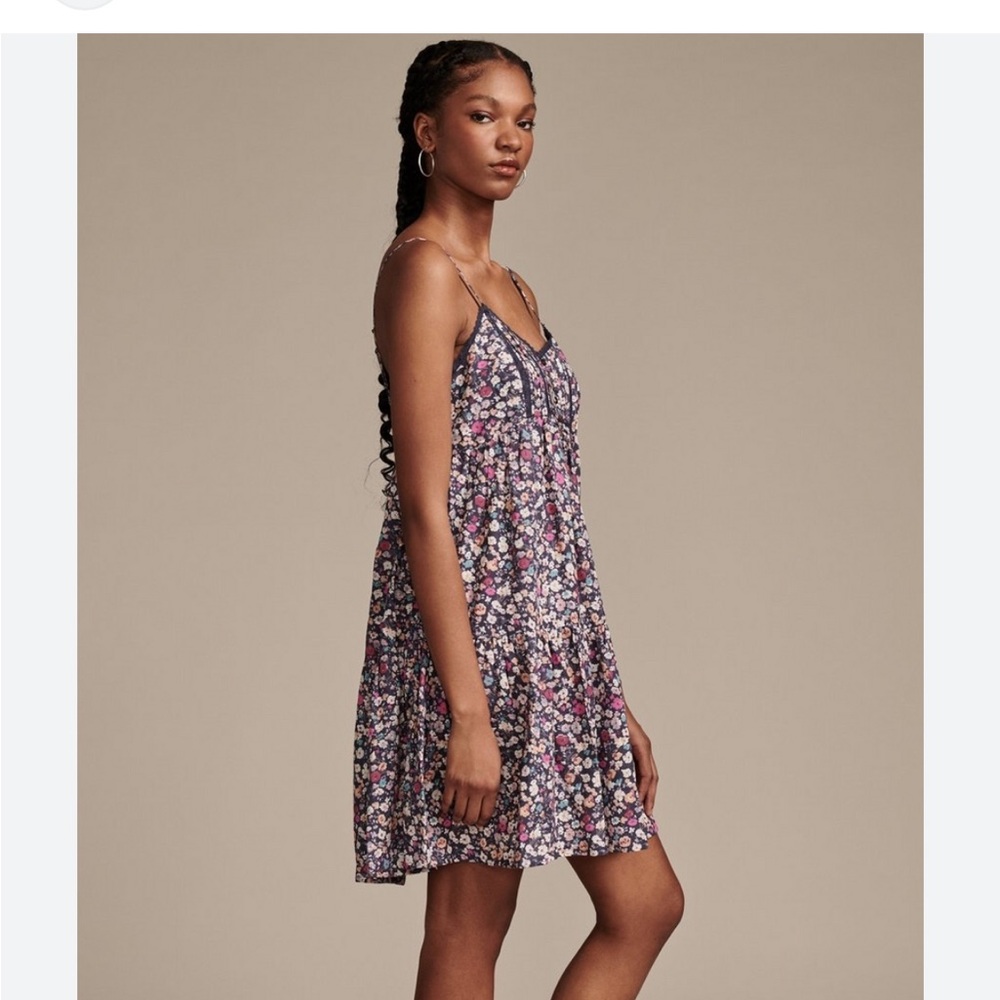 Lucky Brand Printed Pintuck Bodice Mini Dress, L, Blue floral, NWT - Picture 2 of 4